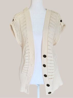 Mudd Cream Open Knit Cardigan Sweater Vest Medium Boho Cottagecore Cotton